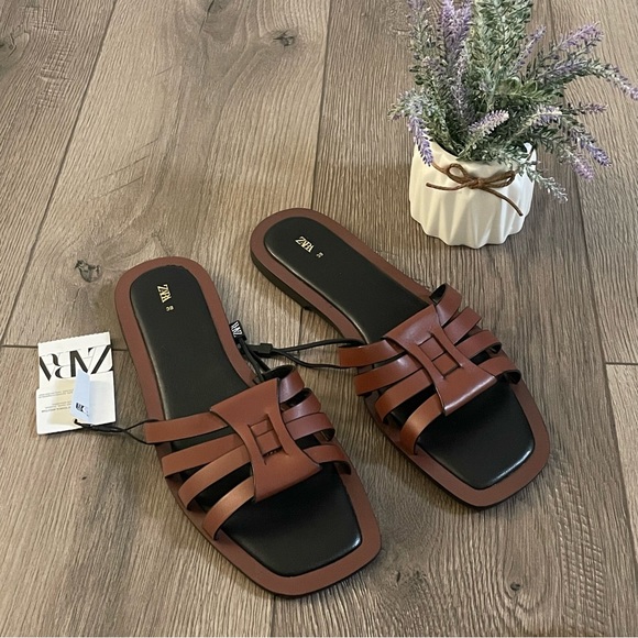 Zara Square Toe Crossed Straps Flat Leather Fisherman Sandals Sz:7.5 Brown - Picture 2 of 10